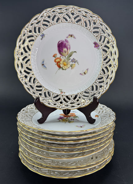 Set 9 c1890s KPM Reticulated Pierced 9" Hand Painted Plates Flowers Butterflies