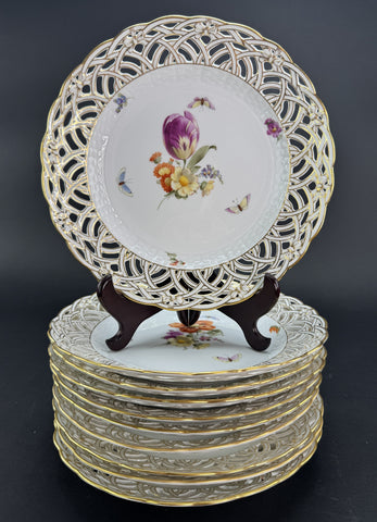 Set 9 c1890s KPM Reticulated Pierced 9" Hand Painted Plates Flowers Butterflies