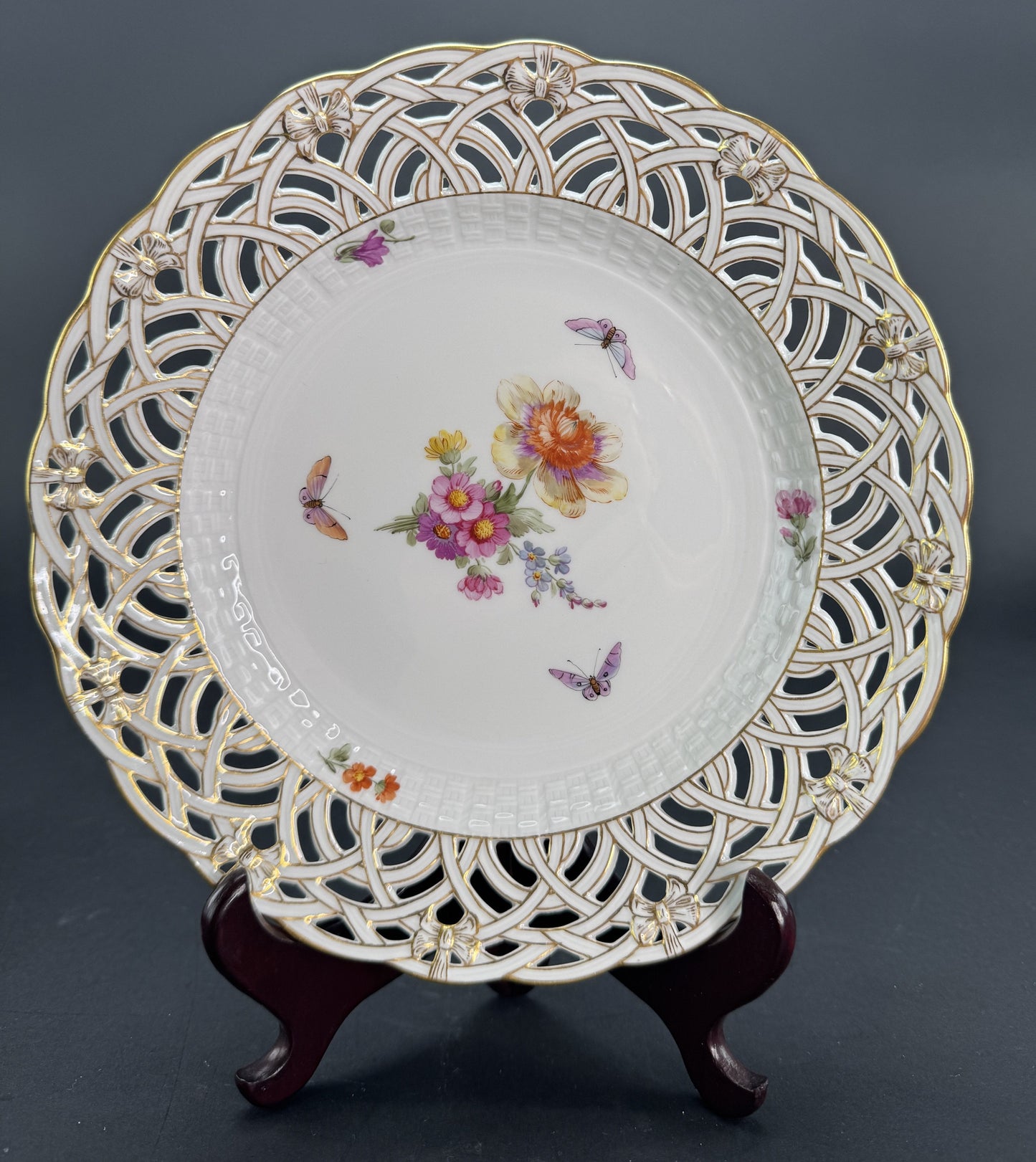 Set 9 c1890s KPM Reticulated Pierced 9" Hand Painted Plates Flowers Butterflies