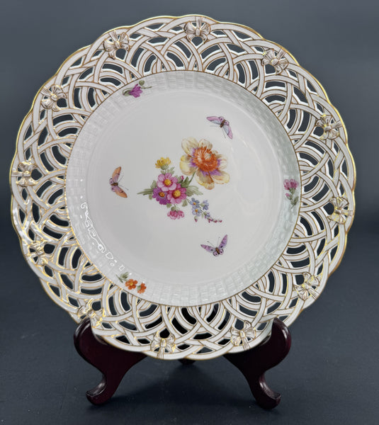 Set 9 c1890s KPM Reticulated Pierced 9" Hand Painted Plates Flowers Butterflies