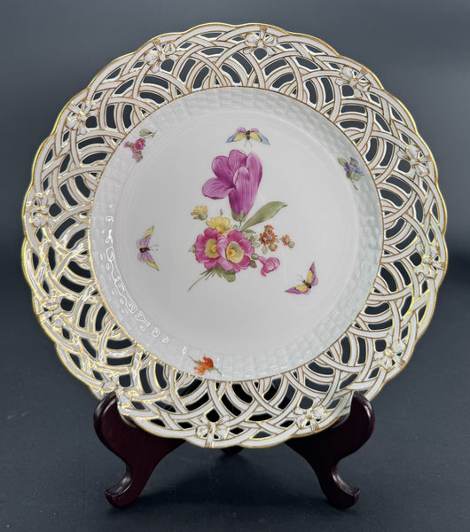 Set 9 c1890s KPM Reticulated Pierced 9" Hand Painted Plates Flowers Butterflies