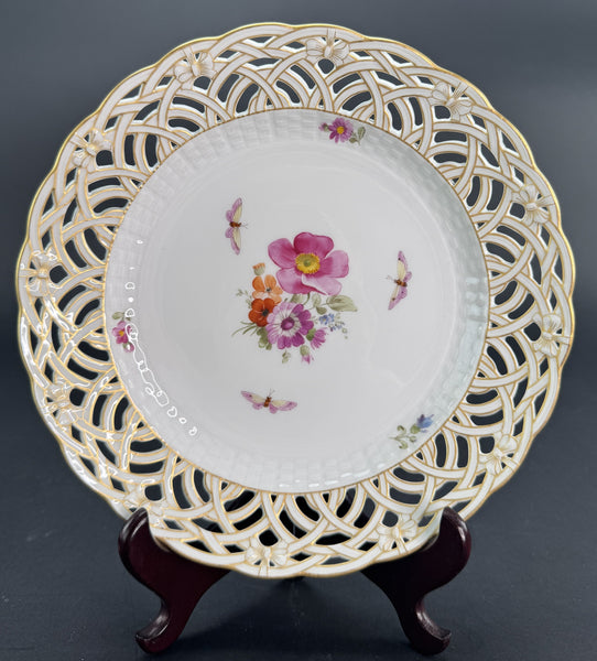 Set 9 c1890s KPM Reticulated Pierced 9" Hand Painted Plates Flowers Butterflies