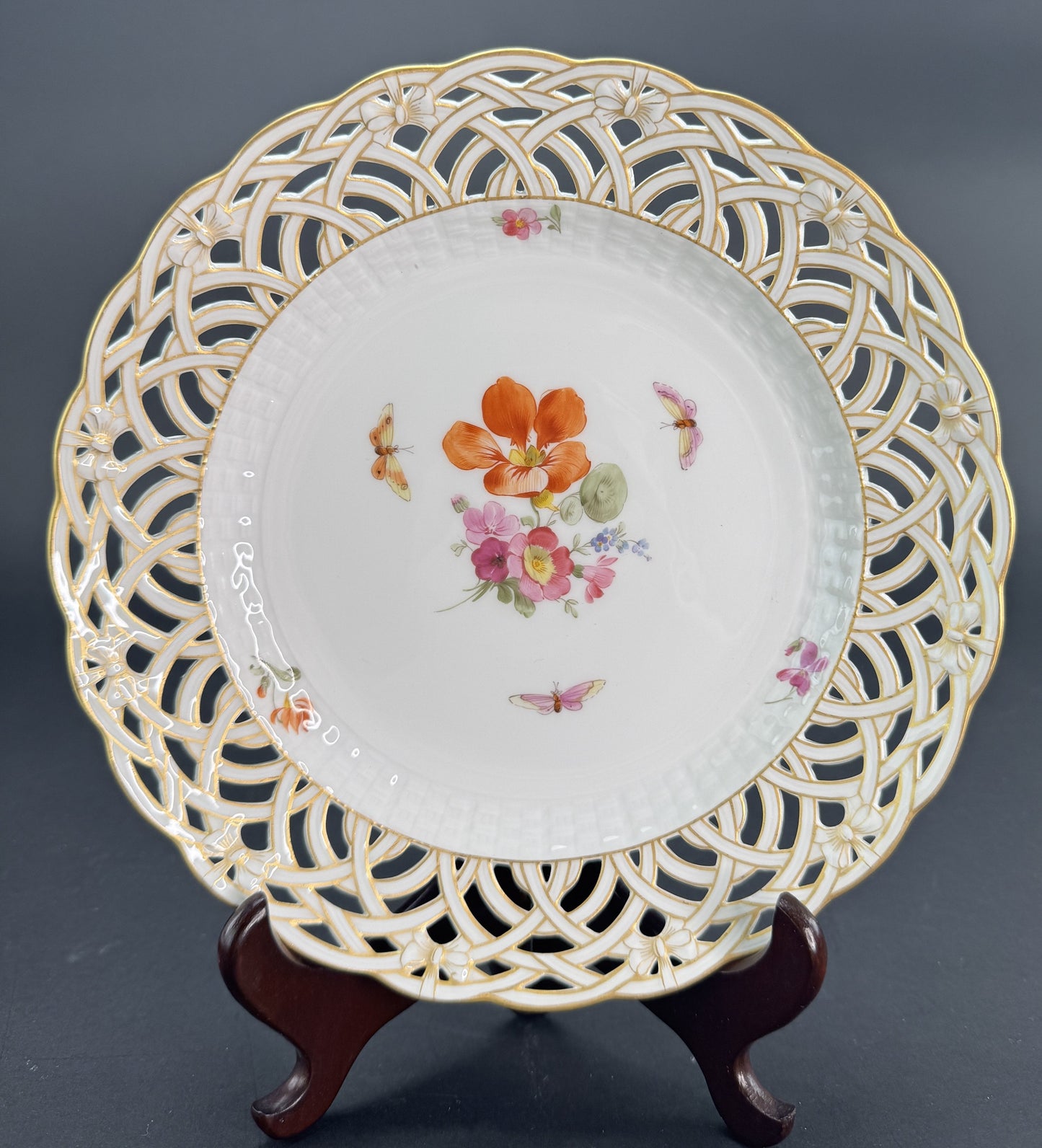 Set 9 c1890s KPM Reticulated Pierced 9" Hand Painted Plates Flowers Butterflies