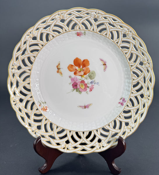 Set 9 c1890s KPM Reticulated Pierced 9" Hand Painted Plates Flowers Butterflies