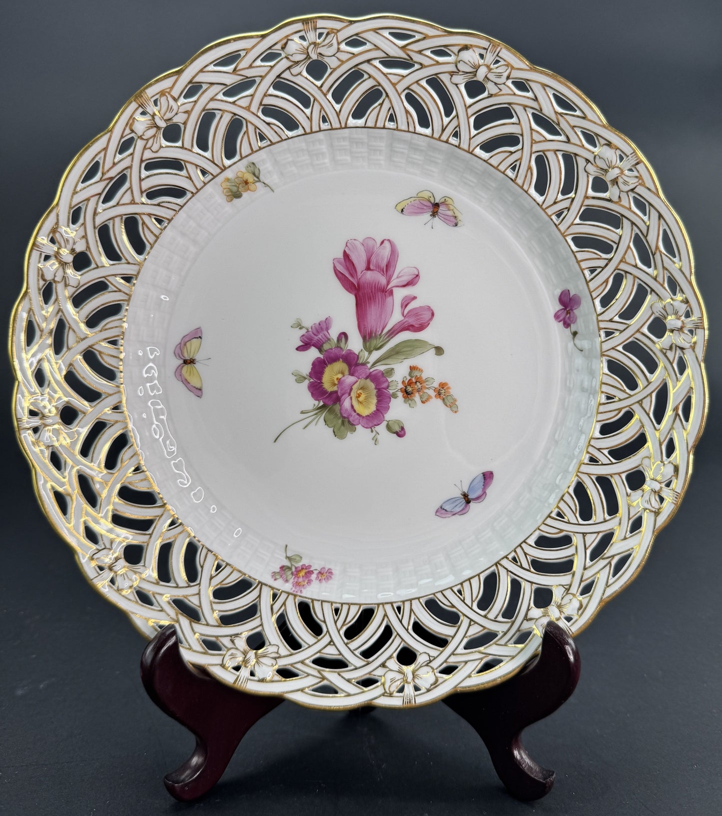 Set 9 c1890s KPM Reticulated Pierced 9" Hand Painted Plates Flowers Butterflies