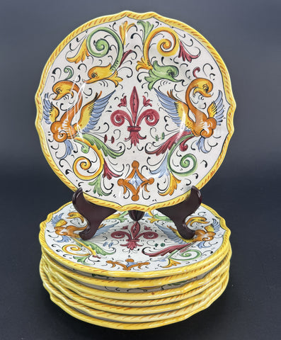 Colorful Set 8 Deruta Italy Majolica Raffaellesco Yellow Bird Dragon Plates