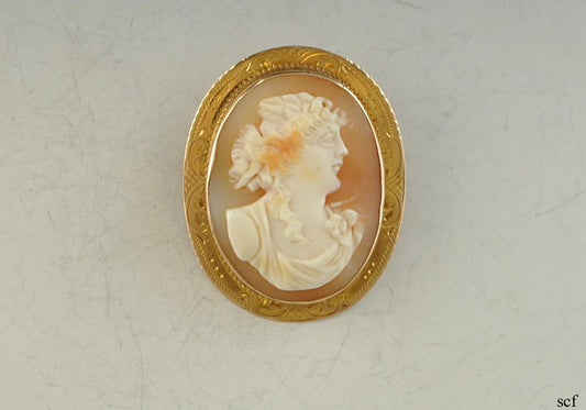 Lovely Antique 10k Yellow Gold Genuine Carved Cameo Pin/Brooch in Engraved Frame