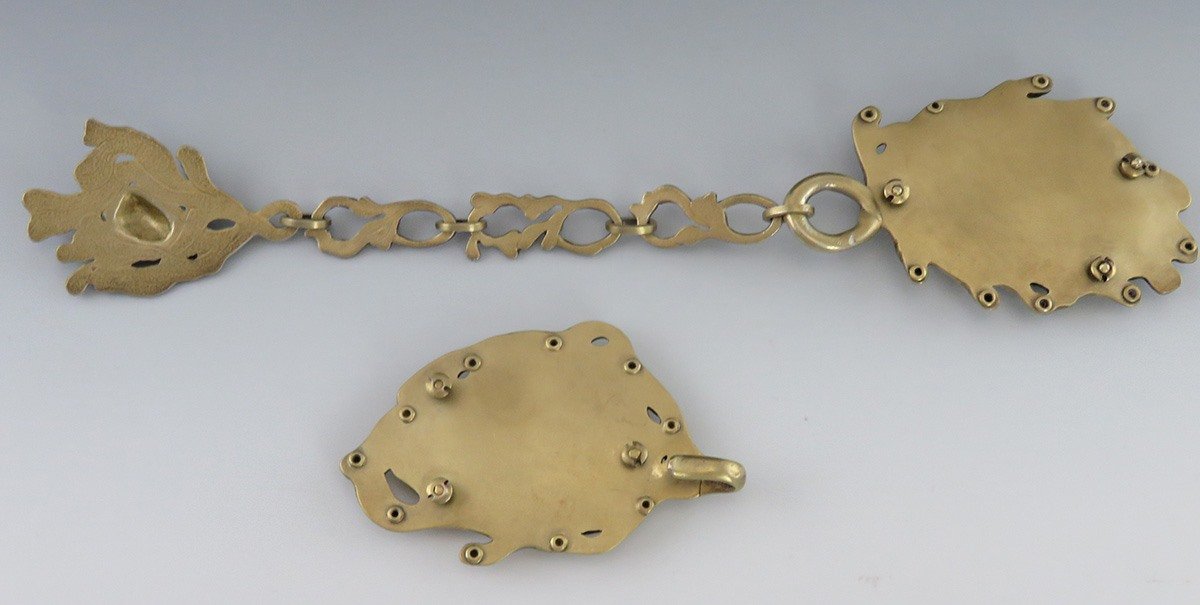 Vintage Artisan Gilt Silver Mtorolite Sea Motif 2 Pc Sash-Style Belt Clasp