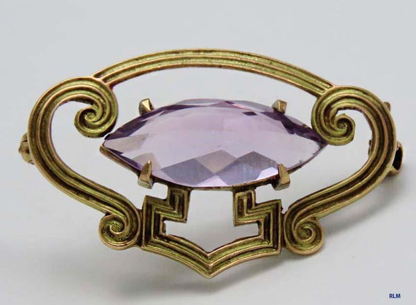 American Art Nouveau 10k Yellow Gold Amethyst Brooch Pin