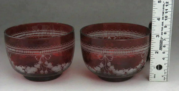 Beautiful Pair Antique Mid 1800s Bohemian Red Ruby Cut Glass Dessert Bowls (1/6)