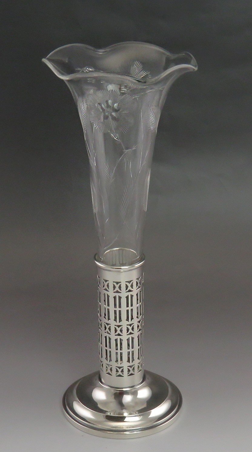 Antique c1900 Mauser Sterling Silver & American Brilliant Cut Glass Vase