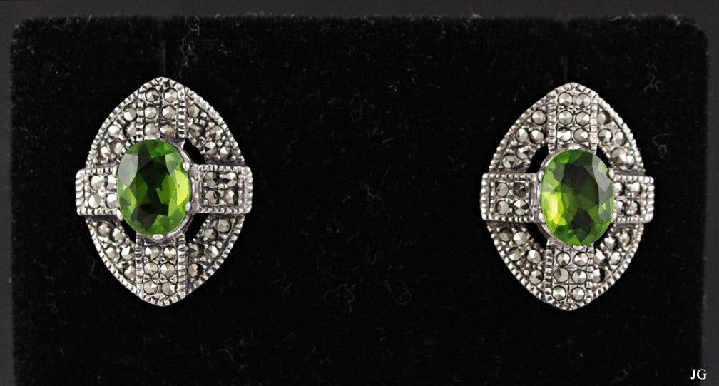 Pair Sterling Silver w/ Genuine Peridot and Marcasite Earrings Pierced
