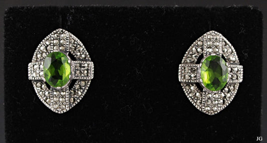Pair Sterling Silver w/ Genuine Peridot and Marcasite Earrings Pierced