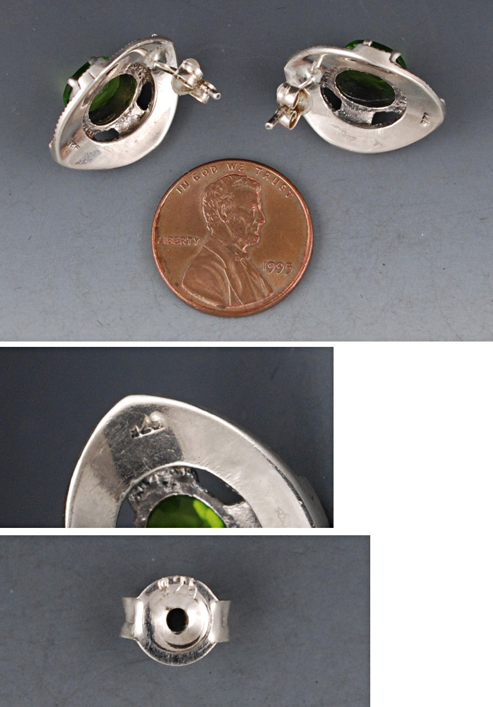 Pair Sterling Silver w/ Genuine Peridot and Marcasite Earrings Pierced