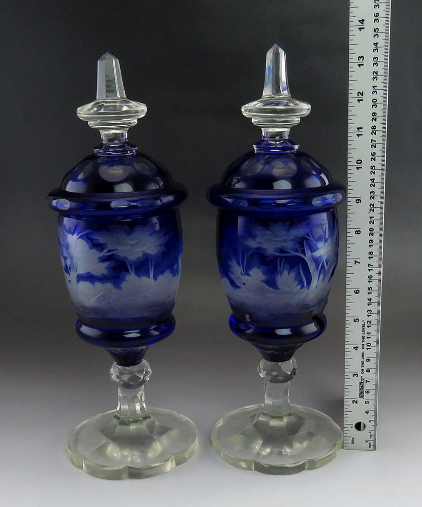 Rare Antique 1860s Bohemian Cut Glass Forest Wildlife Theme Covered Urns