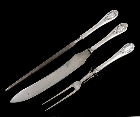Antique 3pc Sterling Silver Alvin Apollo 1900 Carving Set Knife Sharpener Fork