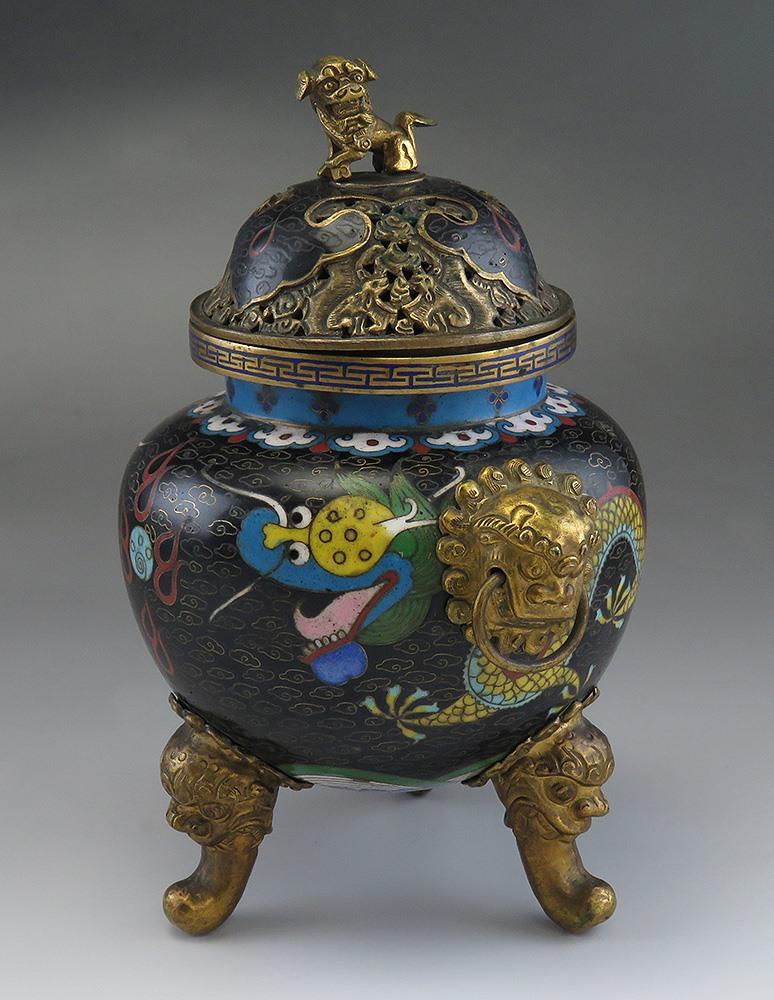 Superb c1860s Chinese/Japanese Cloisonne Dragon Lion Censer Potpourri Jar w Lid