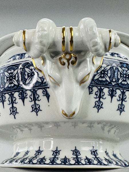Antique Royal Worcester Oval Covered Serving Bowl With Ram's Heads 1890