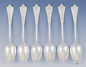 6 Antique c1880 Tiffany Persian 1872 Sterling Silver Teaspoons