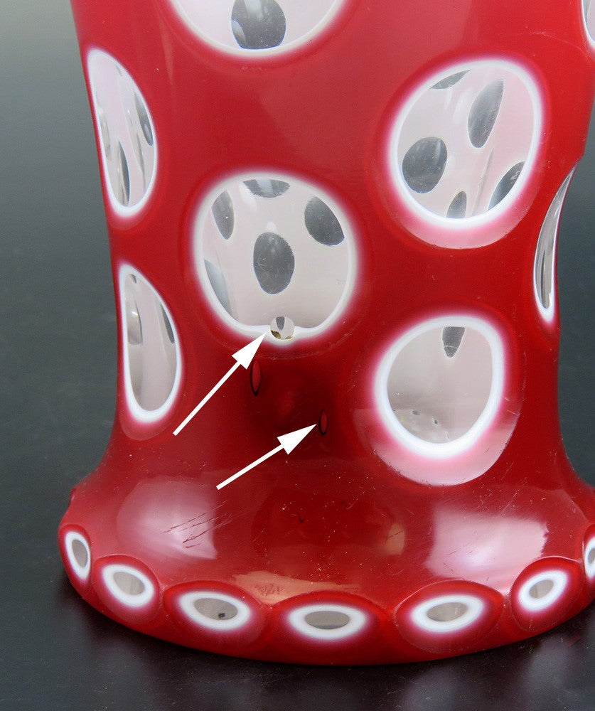 Distinctive Antique Bohemian Thousand Eyes Red White Cut to Clear Vase