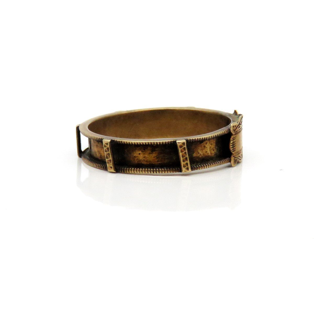 c1830s American Victorian 10k Gold Engraved Belt / Buckle Form Memorial Ring