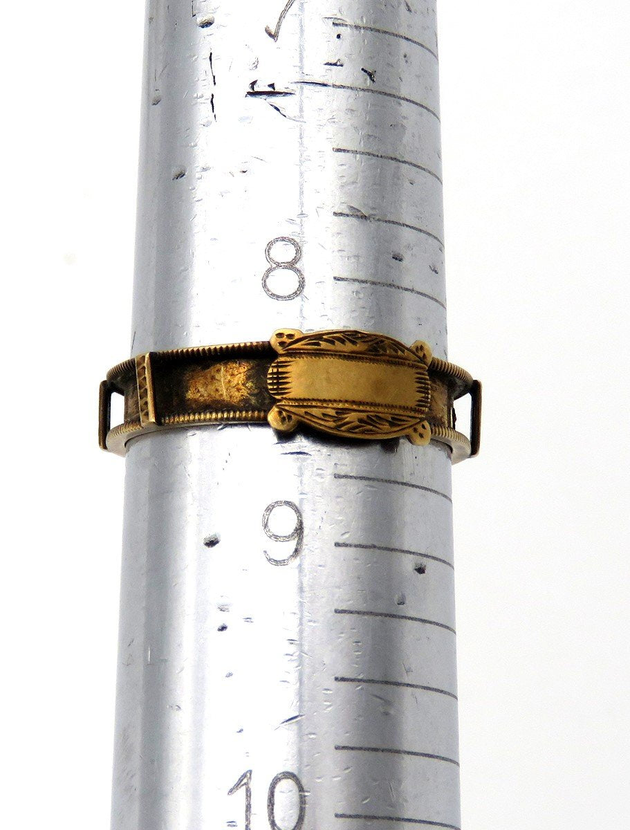 c1830s American Victorian 10k Gold Engraved Belt / Buckle Form Memorial Ring