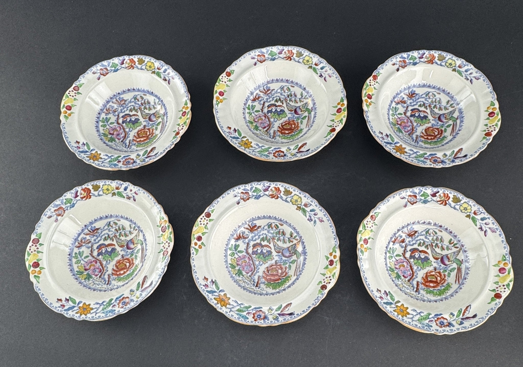 Fine Set 6 c1920s Mason's Ironstone China Flying Bird 6.5" Fruit Dessert Bowls