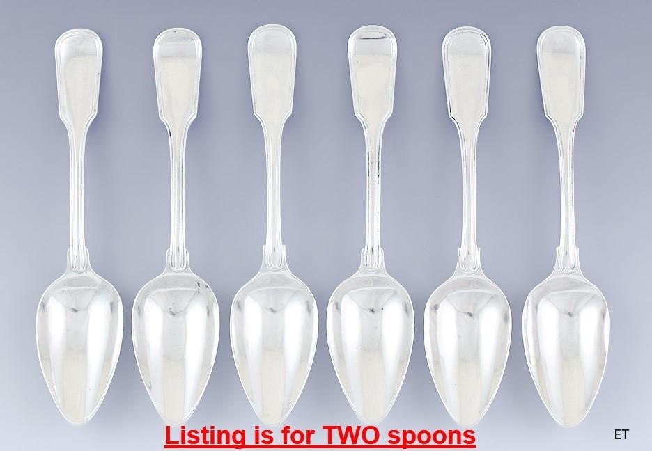 Pair 1873 Dutch Table Serving Oval Soup Spoons 934 Silver w Neat Crest 8.25"