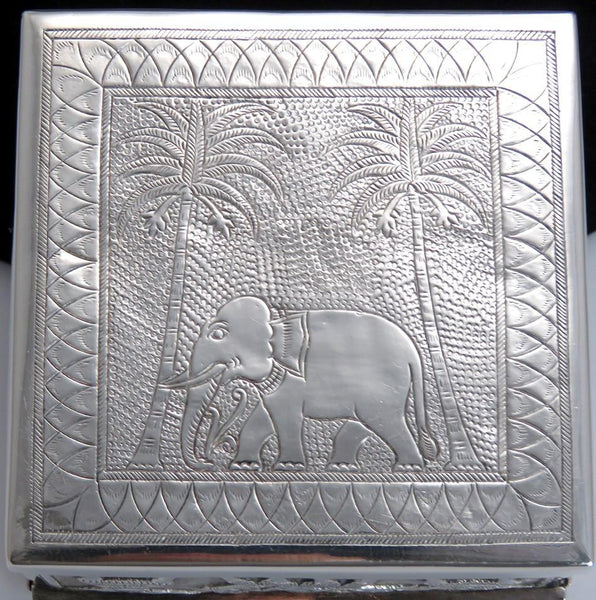 Antique Asian Silver Hand Chased Deity & Elephant Cigarette Box