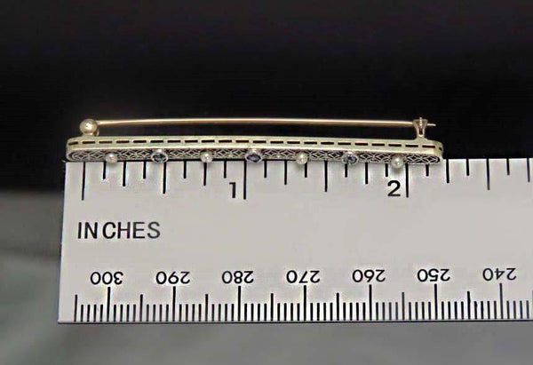 Antique American 14k Gold Filigree Bar Pin w/ Pearls & Sapphires