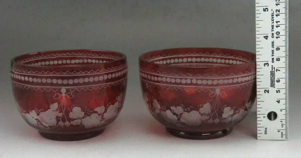 Beautiful Pair Antique Mid 1800s Bohemian Red Ruby Cut Glass Dessert Bowls (4/6)