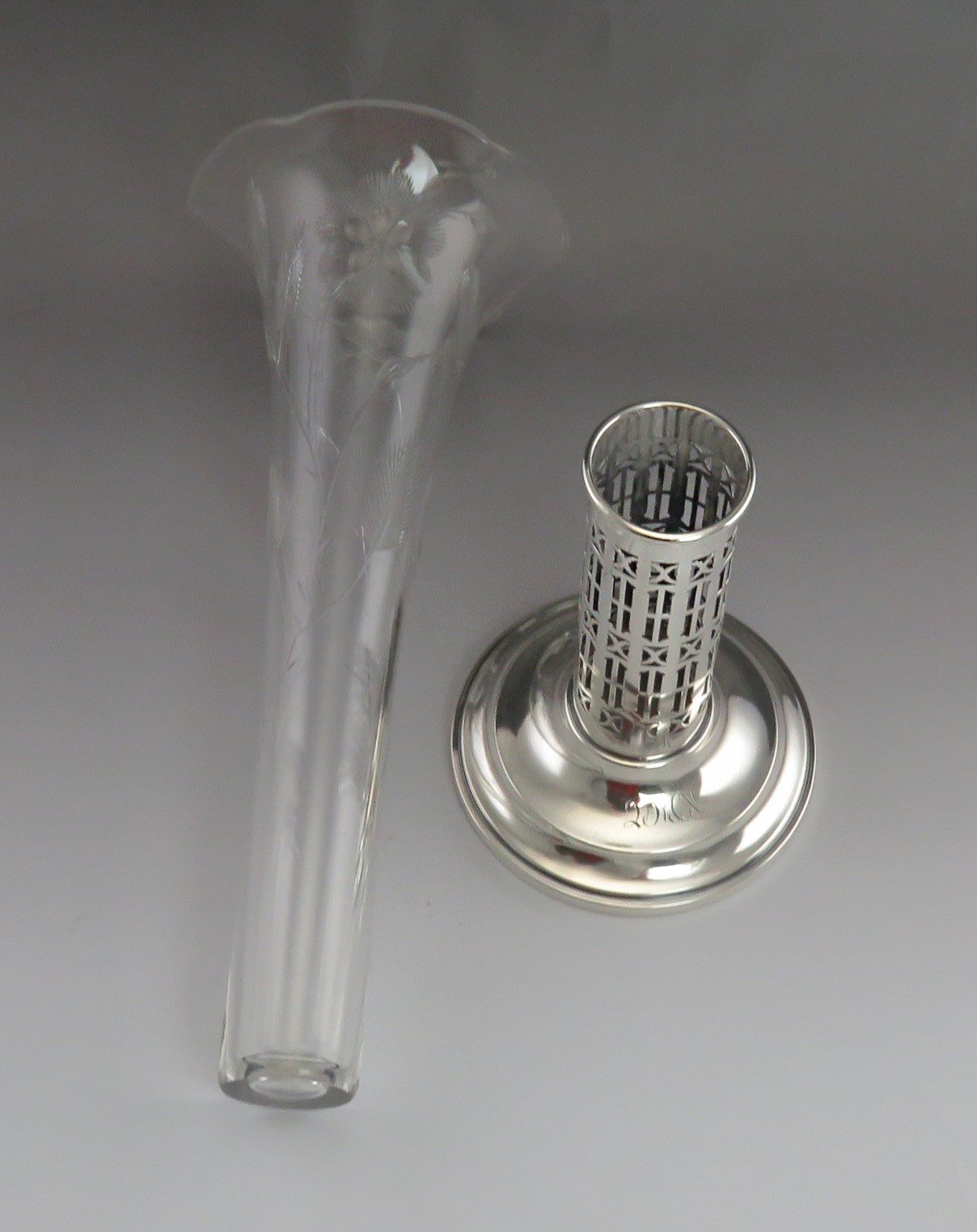 Antique c1900 Mauser Sterling Silver & American Brilliant Cut Glass Vase