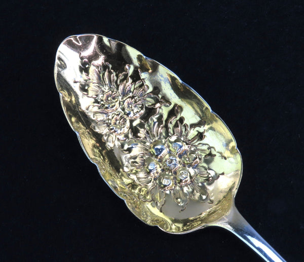 1813 Lovely English Sterling Silver Serving Spoon Floral Chased Bowl Gilded 9"