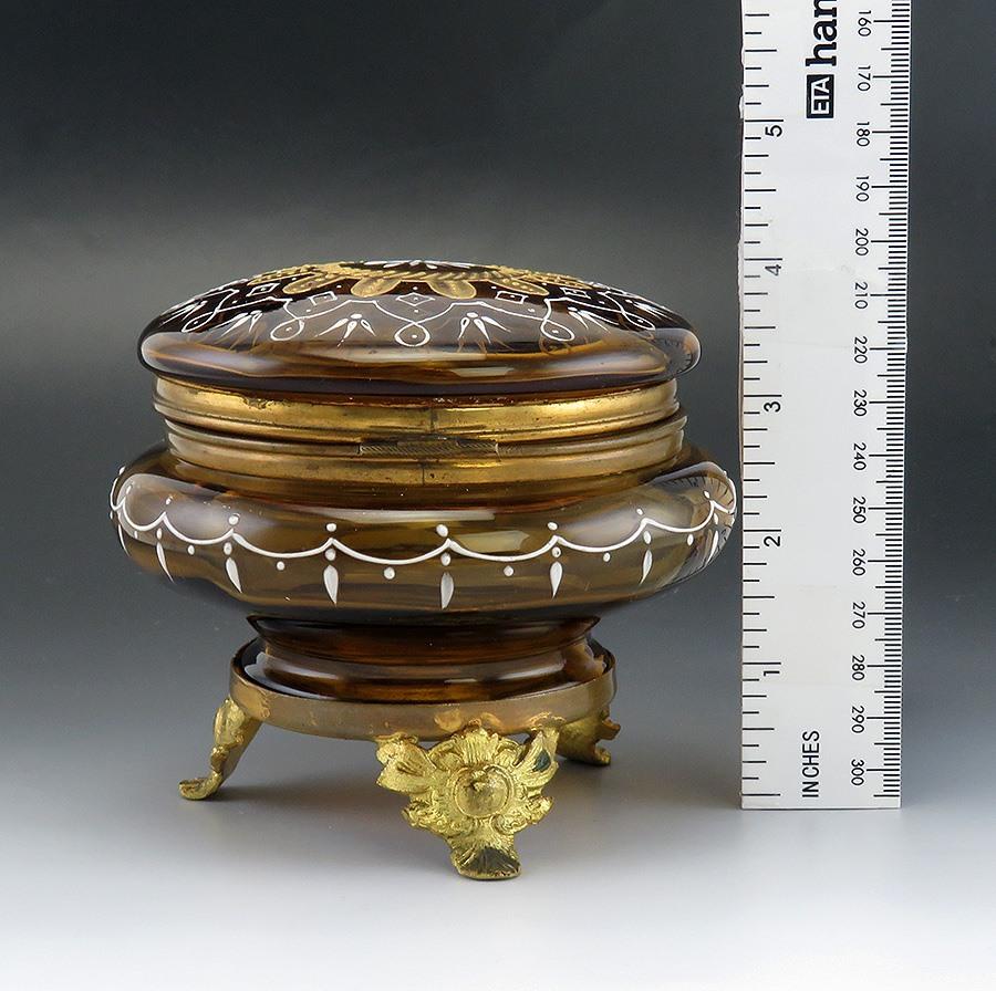 American Victorian Amber Glass Brass Impasto Enameled Dresser/Trinket/Vanity Box