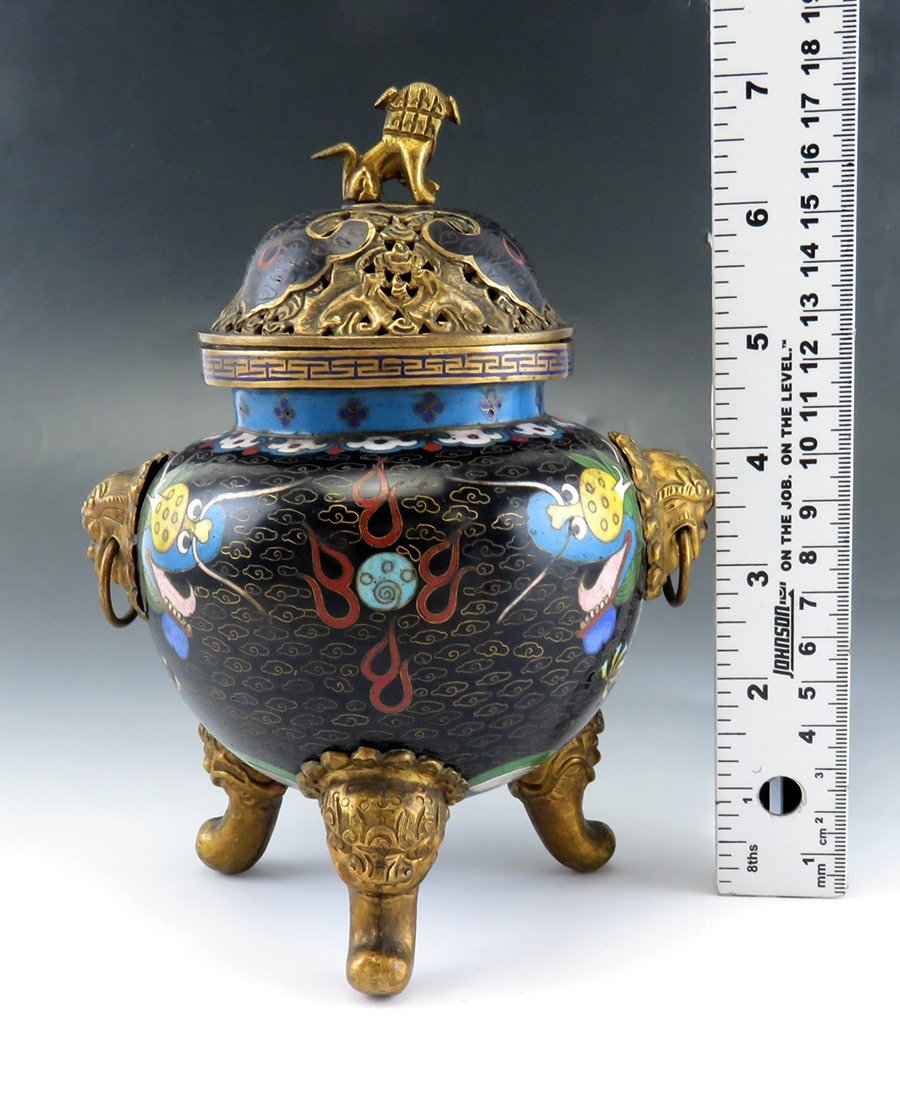 Superb c1860s Chinese/Japanese Cloisonne Dragon Lion Censer Potpourri Jar w Lid
