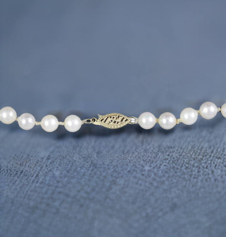 Long Individually Knotted Strand of Pearls w/14K Gold Filigree Clasp Necklace