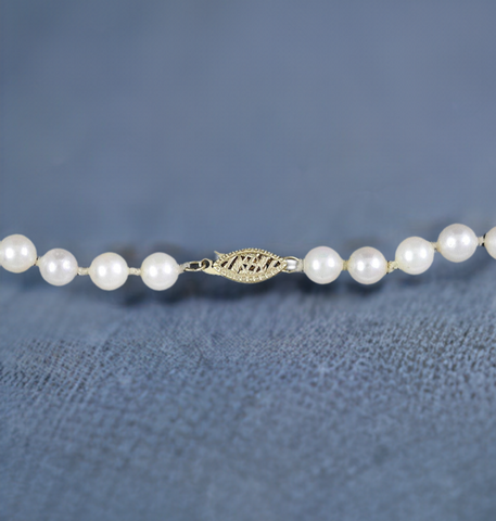 Long Individually Knotted Strand of Pearls w/14K Gold Filigree Clasp Necklace