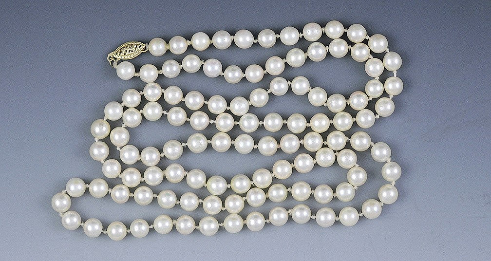 Long Individually Knotted Strand of Pearls w/14K Gold Filigree Clasp Necklace