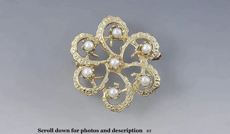 Pretty 14k Gold Pearl Victorian Style Openwork Swirl Small Brooch Pin