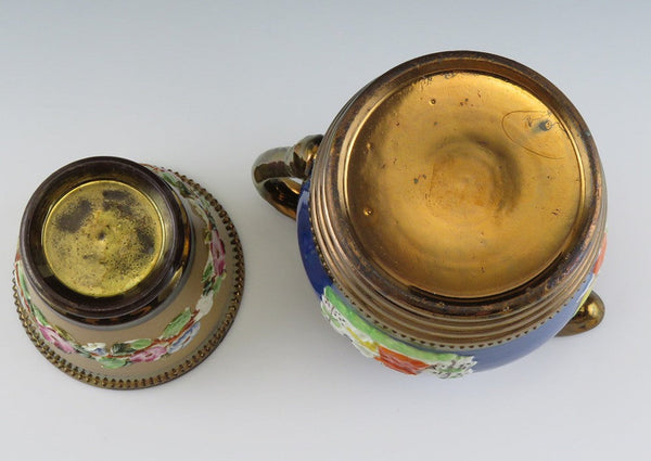 Antique Mid 1800s Staffordshire English Copper Luster Ware Pottery Pitcher & Cup