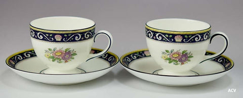 2 Wedgwood Runnymede Blue W4472 Pattern Bone China Footed Cups & Saucers Lot A