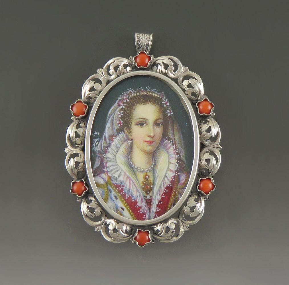 Italian Silver Hand Painted Mini Portrait Bianca Cappello Medici Pendant Brooch