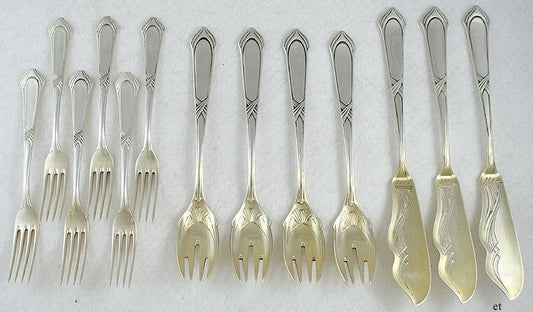13pc Heavy Antique German Jugenstil Art Nouveau Fork Slice Fish Pastry Server