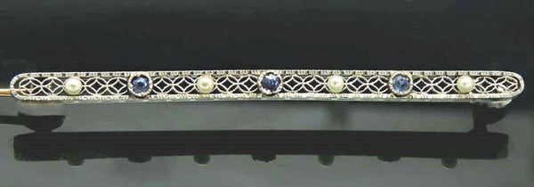 Antique American 14k Gold Filigree Bar Pin w/ Pearls & Sapphires