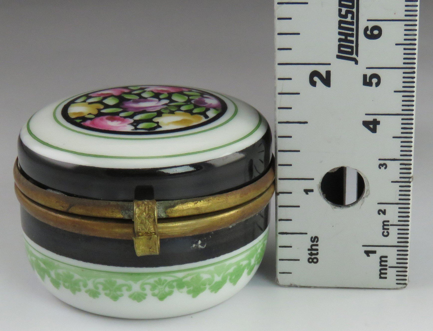 Early 1900's Antique Hand Painted Floral Porcelain and Brass Trinket Jewelry Box