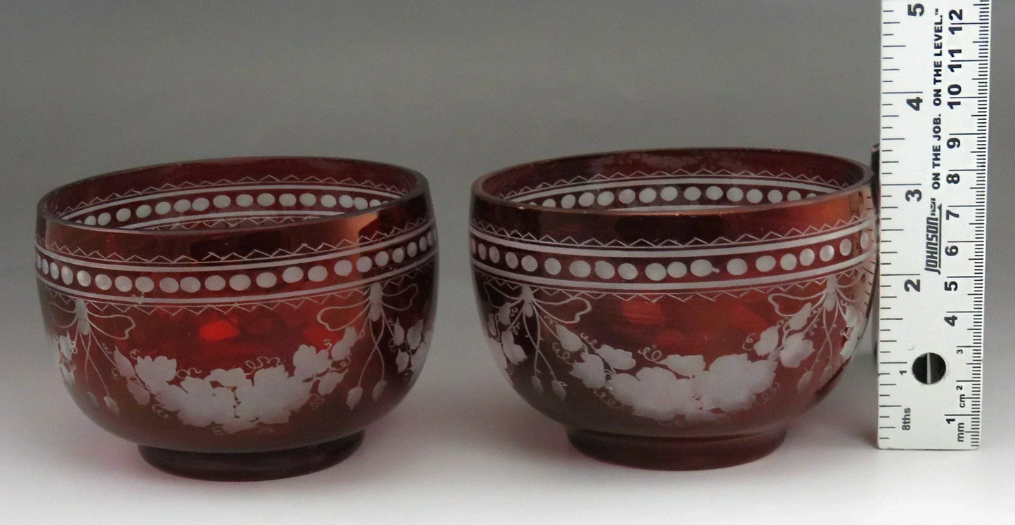 Beautiful Pair Antique Mid 1800s Bohemian Red Ruby Cut Glass Dessert Bowls (2/6)