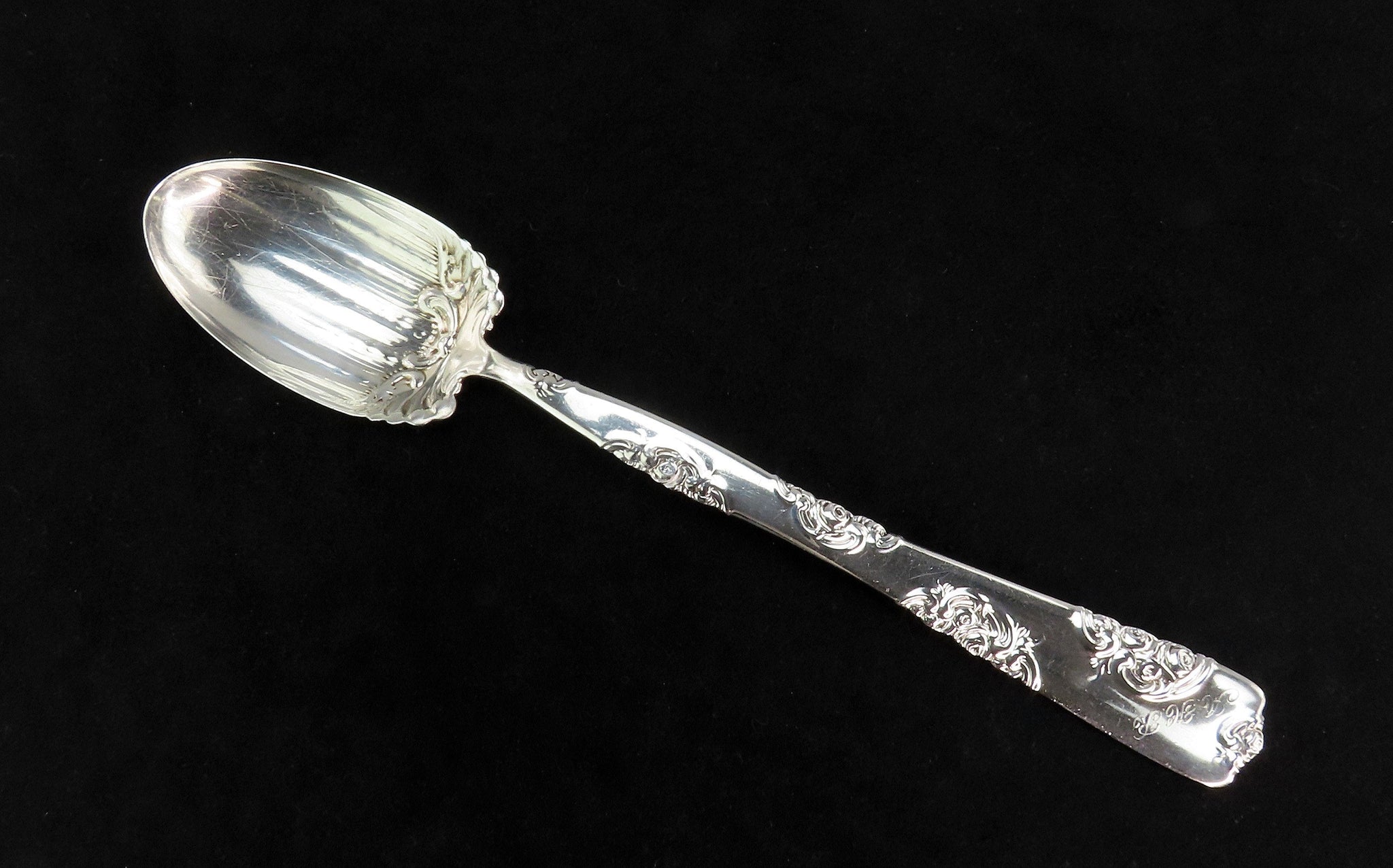 c1880s Whiting Sterling Silver Roses and Scrolls Serving Platter Stuffing Spoon