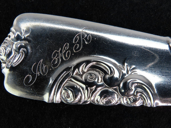 c1880s Whiting Sterling Silver Roses and Scrolls Serving Platter Stuffing Spoon