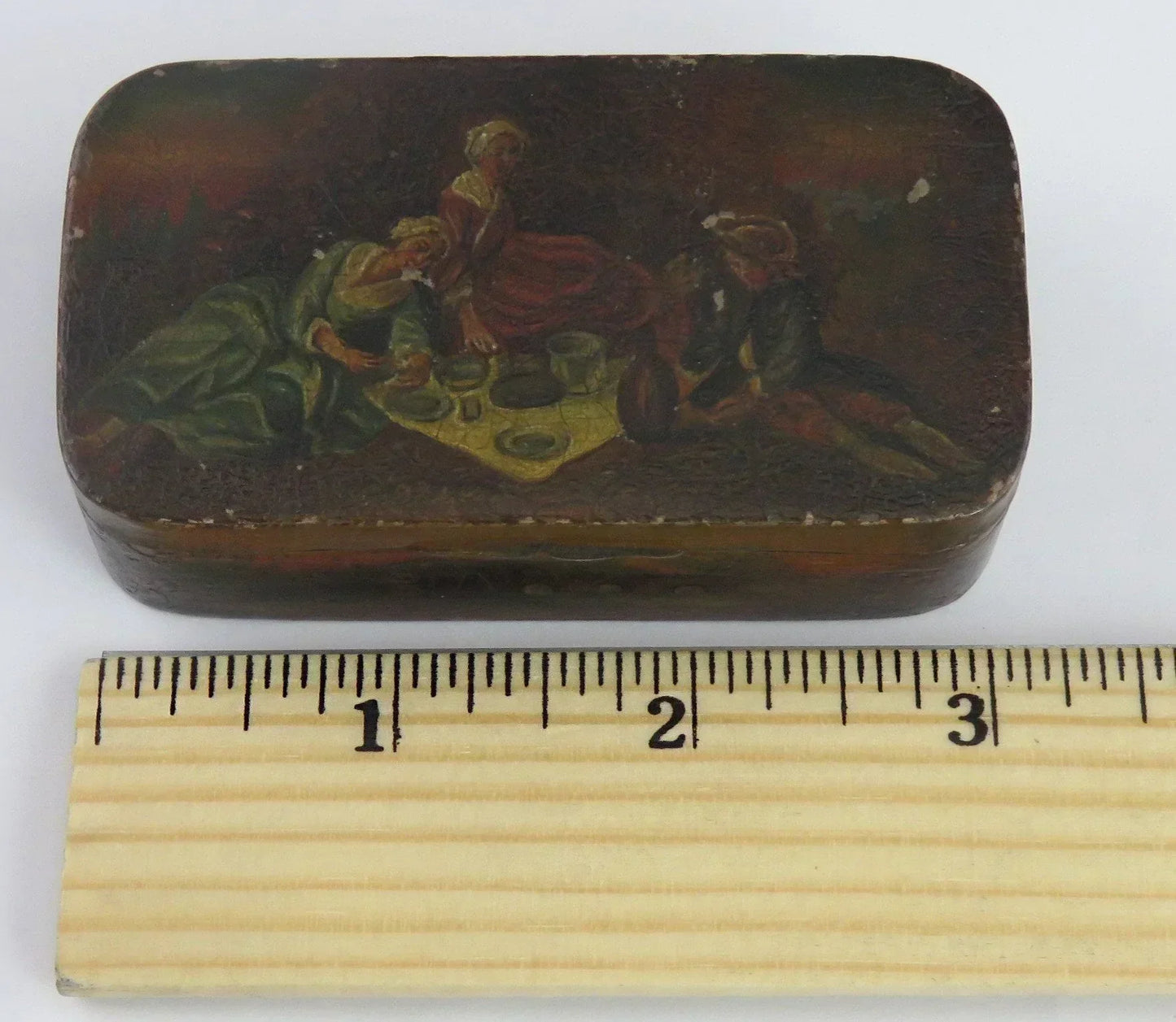 Fab mid 1800s Hand Painted European Snuffbox Picnic Scene