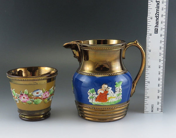 Antique Mid 1800s Staffordshire English Copper Luster Ware Pottery Pitcher & Cup